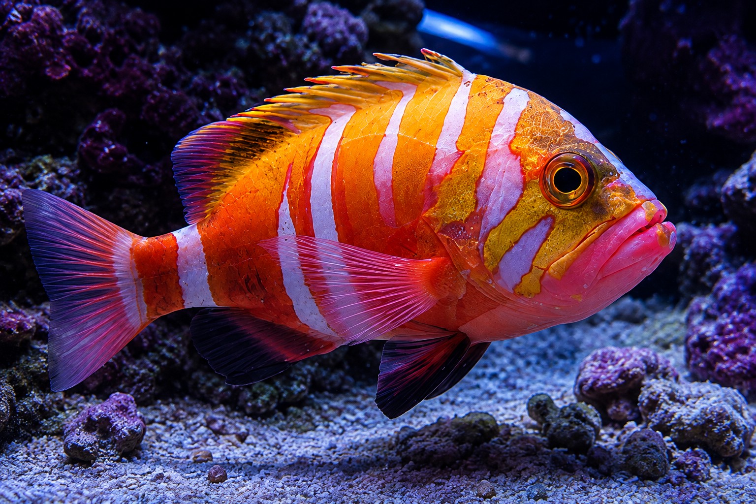 Orange and white striped marine fish in a reef aquarium