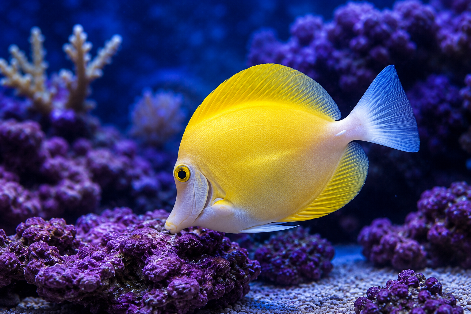 Yellow reef fish swimming over live rock in an aquarium