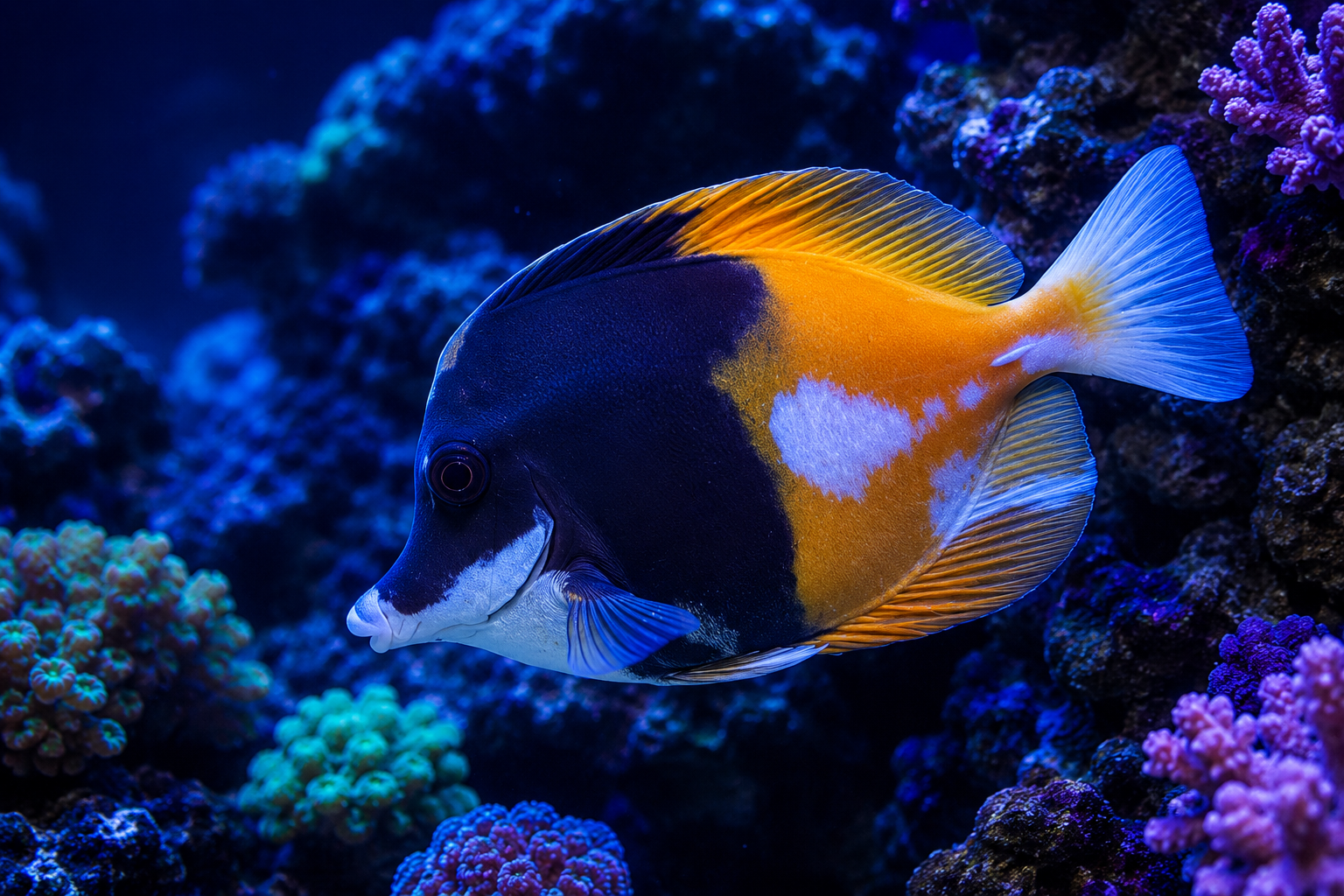 Marine fish swimming through a blue-lit reef aquarium